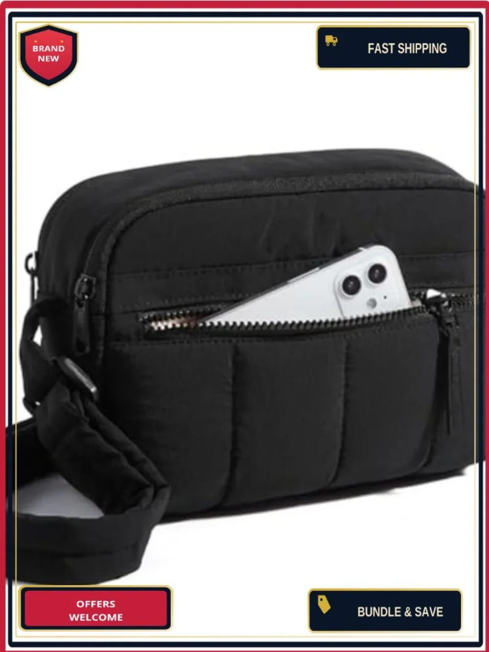 Puffer Crossbody Bag with Double Zip, Nylon, Padded Strap, Travel Gym